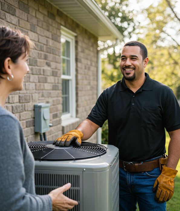 worker with smilling face talking with women